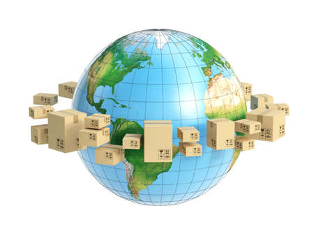 Cardboard boxes delivered around the world - global shipment 3d renderingの写真素材