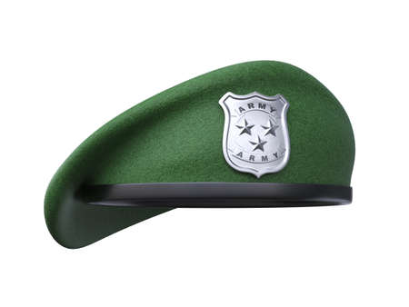 Military green beret of army special forces with silver emblem on white background 3d renderingの写真素材