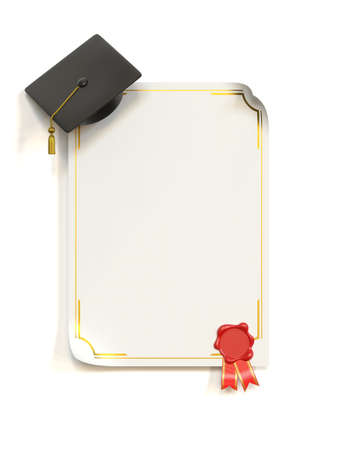 Graduation cap on blank sheet as diploma or certificate template 3d renderingの写真素材