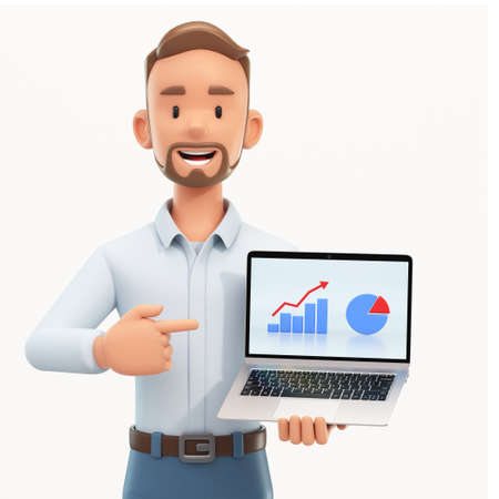 Smiling happy businessman showing graphs and charts on his laptop computer, Digital marketing and...