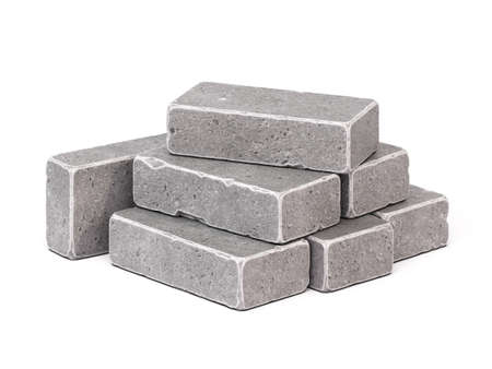 Stone bricks stack, pile of gray concrete building blocks isolated on white background 3d rendering