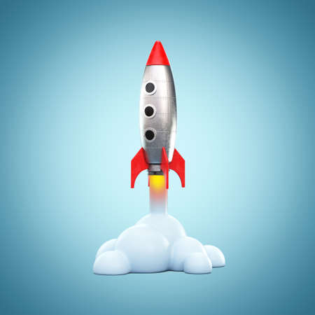 3d cartoon style retro spaceship rocket. Toy rocket upswing ,spewing smoke. Startup, space, business...