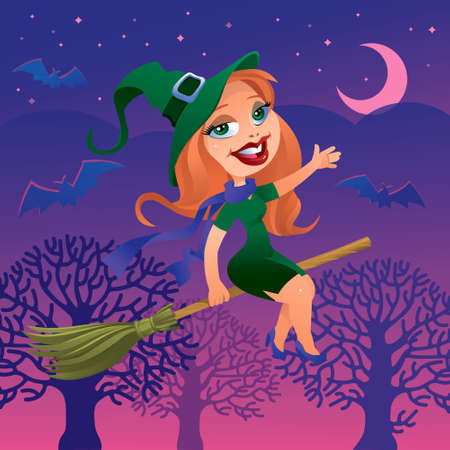 Cheerful witch riding a broomのイラスト素材