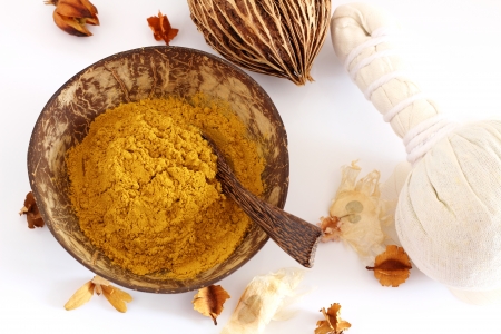 Turmeric powder and Luk Pra Kob for Massage stamps.の写真素材