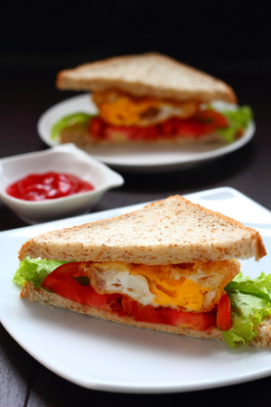 Sandwich eggs two dishs include tomato lettuce source for breakfastの写真素材