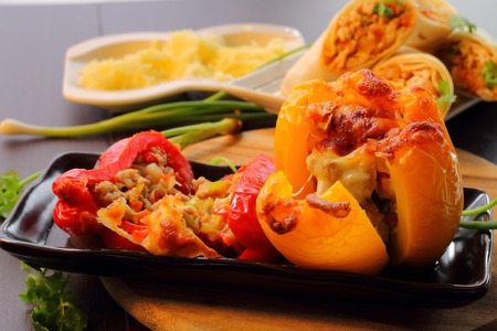 Roasted peppers sweet with pork vegetable and cheese is american food delicious.の写真素材