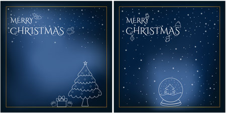 Set of two dark blue gradient Merry Christmas card templates with white outline decorations. Designs feature a snow globe, Christmas tree, gift boxes, and winter icons, all framed with a delicate gold border. Perfect for modern holiday greeting cards, social media posts, and December event invitations.のイラスト素材