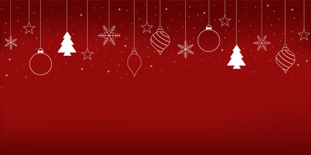 Classic Christmas red background gradient with hanging white outline decorations. Vector illustration featuring minimalist line art of baubles, Christmas trees, snowflakes, and stars, creating a festive border. This dark red backdrop provides excellent copy space and is ideal for traditional holiday flyers, sales banners, greeting cards, and December promotions.のイラスト素材