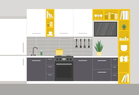 Kitchen with furniture. Cozy kitchen interior with table, stove, cupboard, dishes and fridge.のイラスト素材