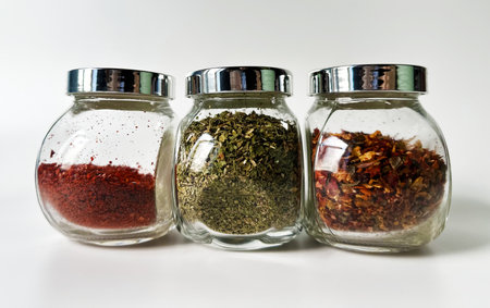 Spices in jars on a white backgroundの写真素材