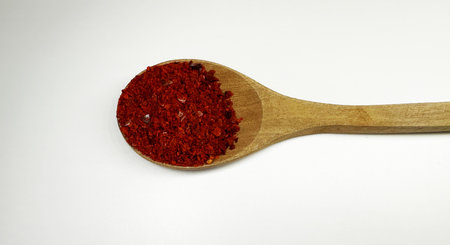 spice on a wooden spoon on a white background
