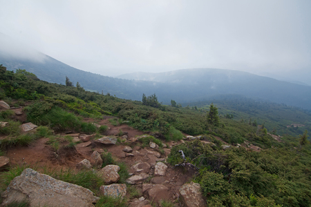 beautiful mountain landscape in foggy dayの写真素材