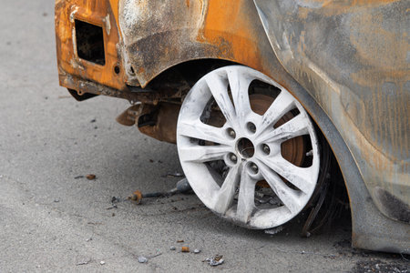 Burnt out car crash after fire. close-upの写真素材