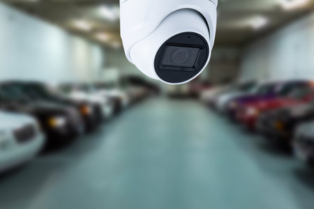 CCTV security camera on blur car parking. copy spaceの写真素材
