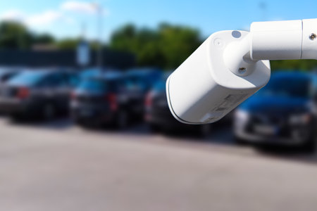 Closeup outdoor CCTV camera at a car parking lot