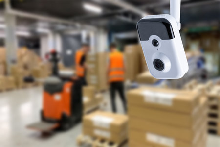 CCTV Camera Operating inside warehouse or factory. copy spaceの写真素材
