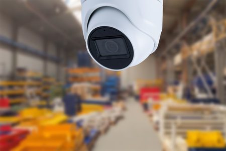 CCTV Camera or surveillance operating inside industrial factory. copy spaceの写真素材