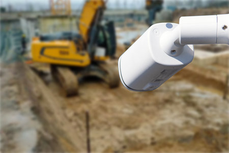 CCTV camera watching an excavator and workers working on a construction site