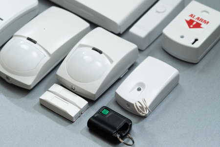 set of security systems for the house on a gray background close-up.の写真素材