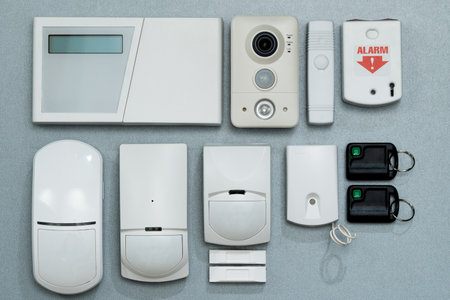 set of security systems for the house on a gray background close-up.shallow depth of field.の写真素材