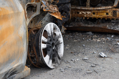 Burnt out car crash after fire. close-upの写真素材