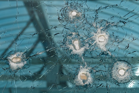 bullet hole in glass - authentic shot - closeup isolated on whiteの写真素材
