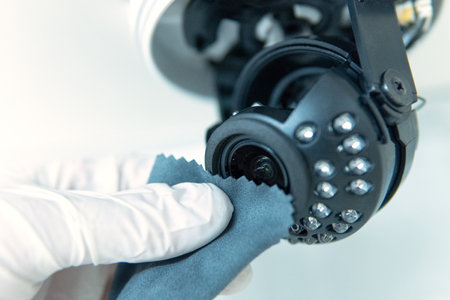 A technician cleans the lens of a CCTV camera from dust. Small depth of field