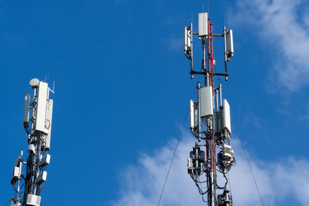 Telecommunication tower of 4G and 5G cellular communication. cell base station. Wireless antenna...