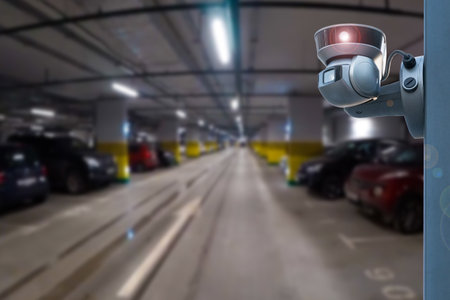 CCTV camera or surveillance system on indoor car parkingの写真素材