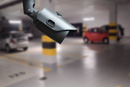 CCTV camera in underground parking garage. copy spaceの写真素材