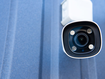 CCTV surveillance camera in factory area to control security system area with torch light and copy...