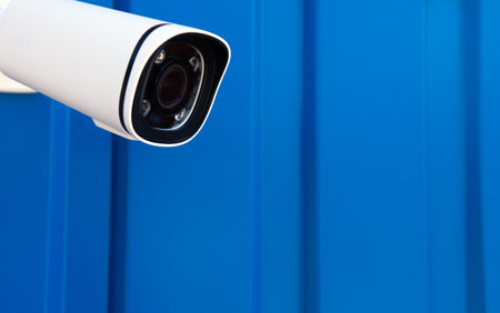 CCTV surveillance camera in factory area to control security system area with torch light and copy space.の写真素材