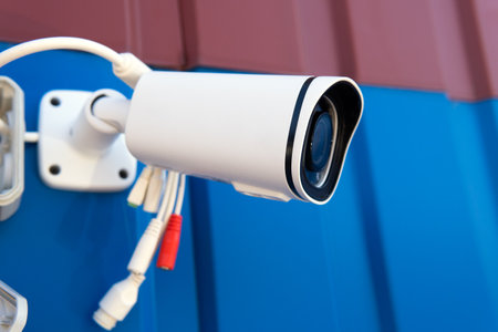 installation of a security camera on the roof of the house.の写真素材