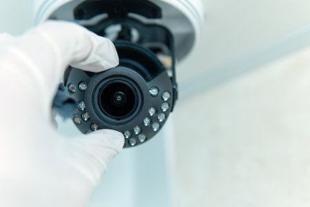 Close-up of the installation of a surveillance camera, a male hand in a white glove holds a...