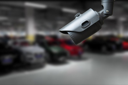 CCTV Camera Operating in car park building. copy space