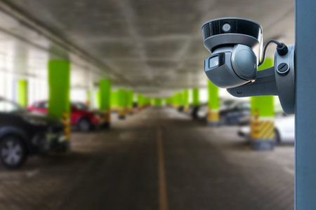 CCTV Security Camera setup on Parking lot. copy spaceの写真素材