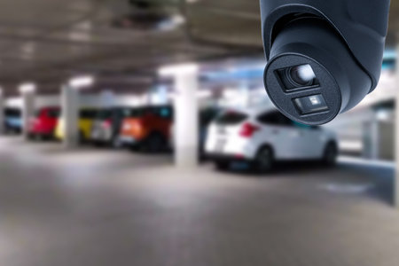 CCTV camera or surveillance system on indoor car parkingの写真素材