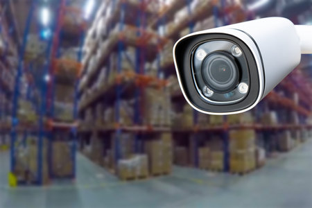 CCTV Camera Operating inside warehouse or factory. copy spaceの写真素材