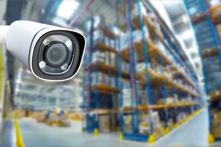 closed circuit camera Multi-angle CCTV system against the background of a modern warehouse complex. The concept of protection of goodsの写真素材