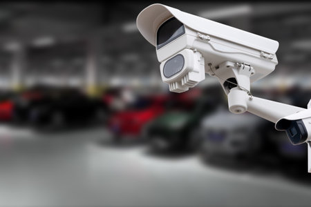 CCTV Camera Operating in car park building. copy spaceの写真素材