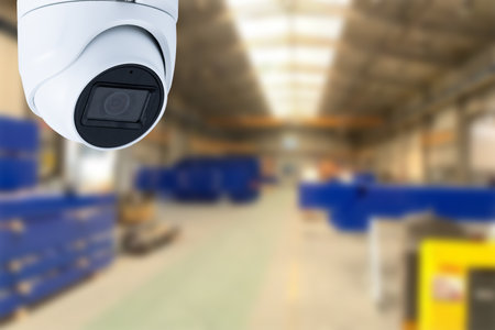 CCTV Camera or surveillance operating inside industrial factory. copy space