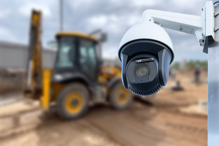 CCTV camera watching an excavator and workers working on a construction siteの写真素材