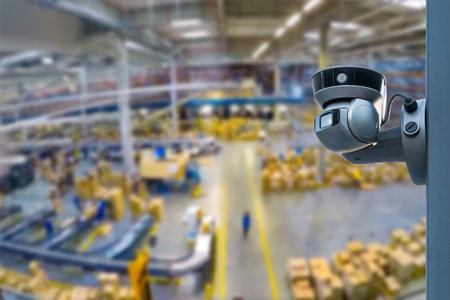 CCTV Camera or surveillance operating inside industrial factoryの写真素材