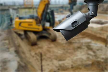 security CCTV camera or surveillance system with construction site on blurry backgroundの写真素材