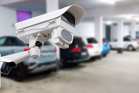 CCTV security camera on blur car parking. copy spaceの写真素材