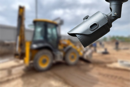 CCTV camera watching an excavator and workers working on a construction siteの写真素材