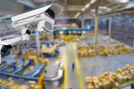 CCTV Camera or surveillance operating inside industrial factoryの写真素材