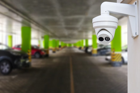 CCTV Security Camera setup on Parking lot. copy spaceの写真素材