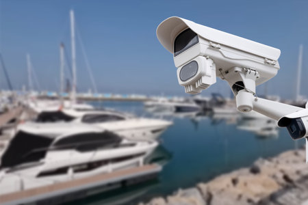 Pair of outdoor security cameras in yachting harbor