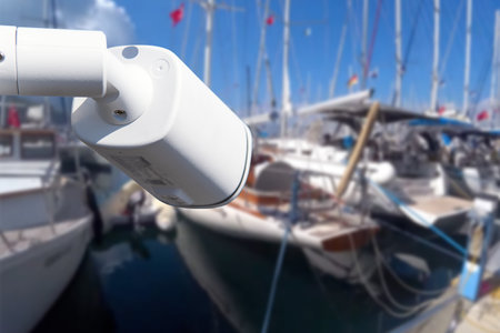 Pair of outdoor security cameras in yachting harbor